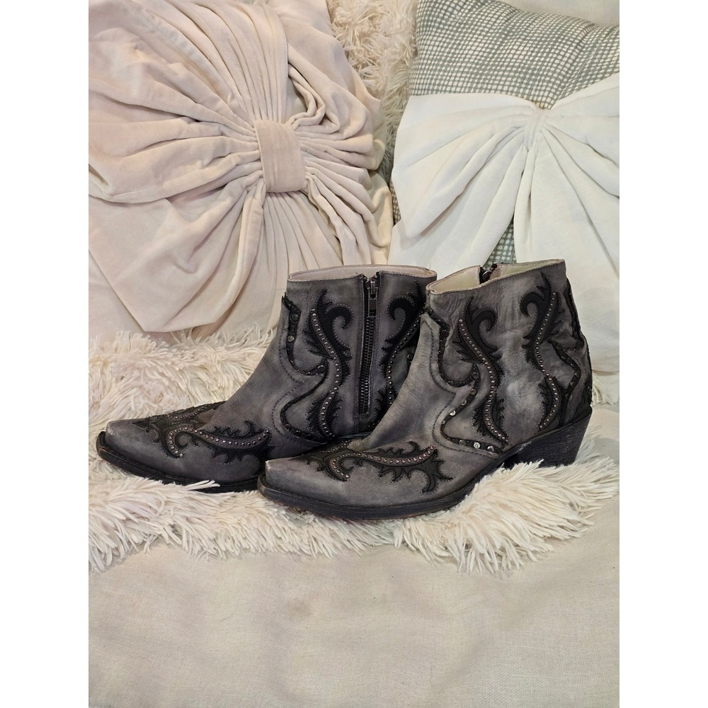 Corral Grey Black Leather Studded Scrollwork Western Ankle Boots Womens 9.5